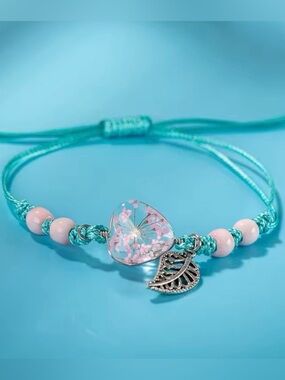 Aqua Cord Bracelet with Pink Floral Heart and Leaf Charm